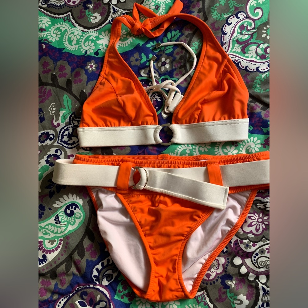 Orange and white halter top bikini